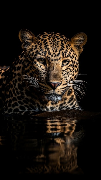 Un leopardo se refleja en el agua.