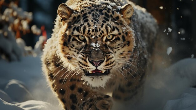 un leopardo saltando por el aire en un bosque nevado