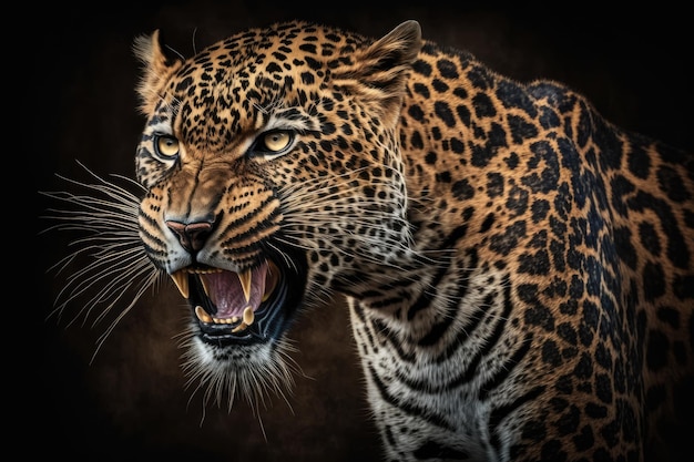 Leopardo salvaje con enojo en un fondo negro