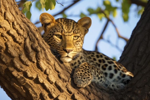 Leopardo se aquecendo nos galhos das árvores