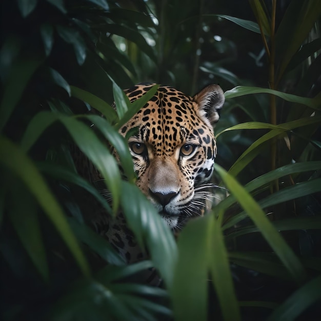 un leopardo en la selva está rodeado de plantas