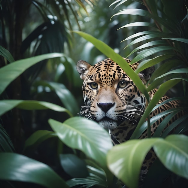 un leopardo en la selva está rodeado de plantas