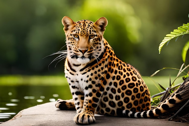 Un leopardo sentado en una roca en la jungla.