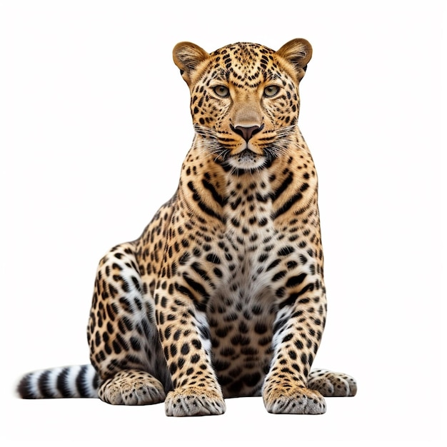 Un leopardo sentado en el suelo con un fondo blanco.