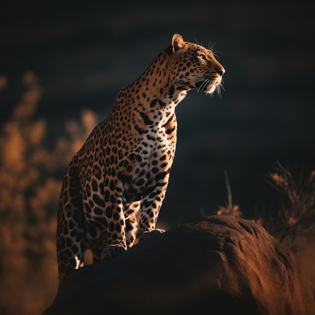 Un leopardo se sienta sobre una roca en el desierto.