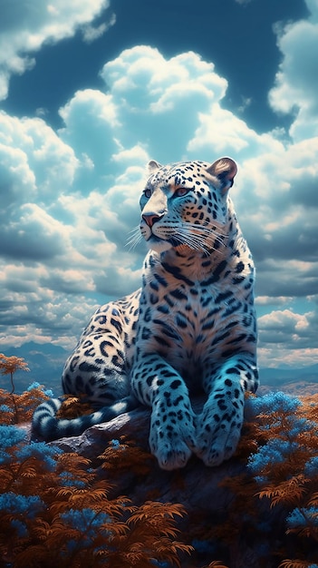 Un leopardo sobre un fondo de nubes.