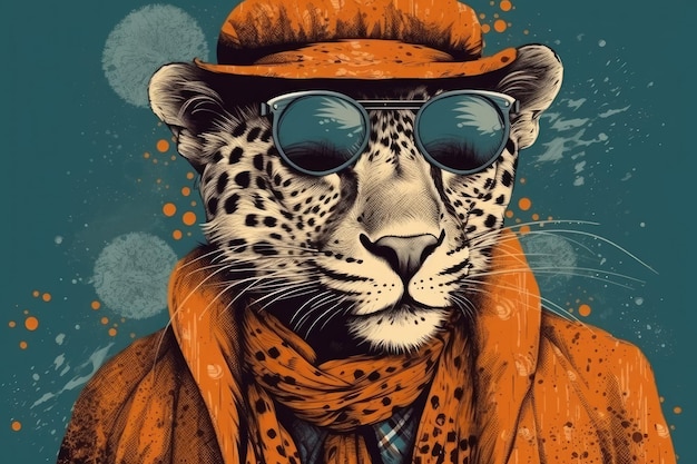 Un leopardo con sombrero y gafas de sol.