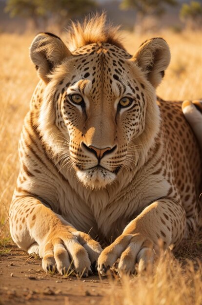 un leopardo tendido en el suelo con un fondo amarillo.