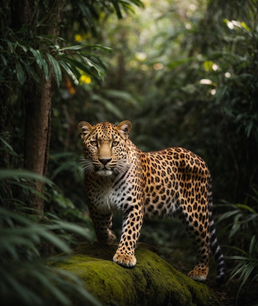 Leopardo vagando solo en el bosque