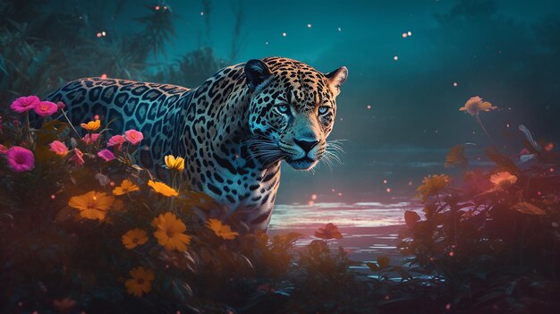 Foto leopardo vibrante da selva amazônica caçando à luz do pôr-do-sol em meio a folhagem exuberante e flores delicadas