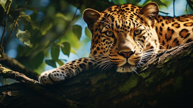 El leopardo yace en un árbol.