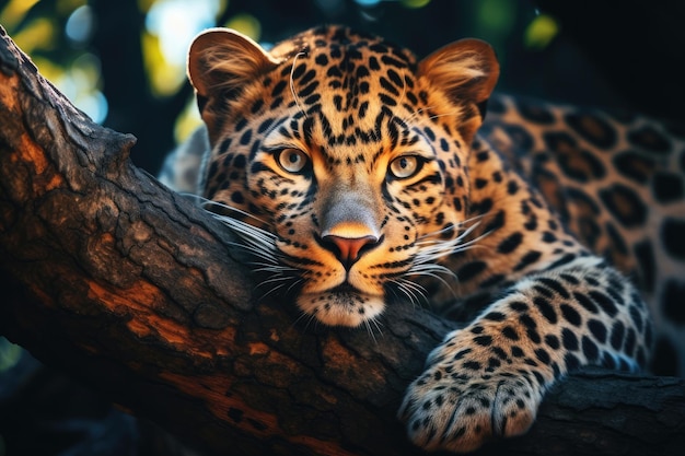 El leopardo yace en un árbol.