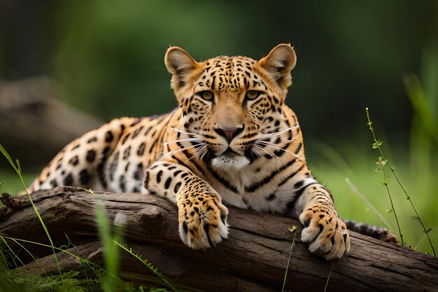 Un leopardo yace sobre un tronco en un bosque.