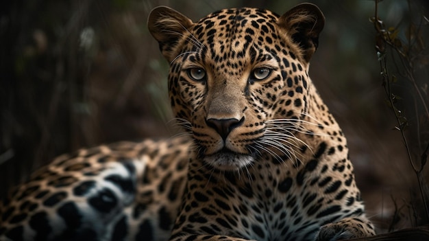 Un leopardo yace en el suelo en una jungla.