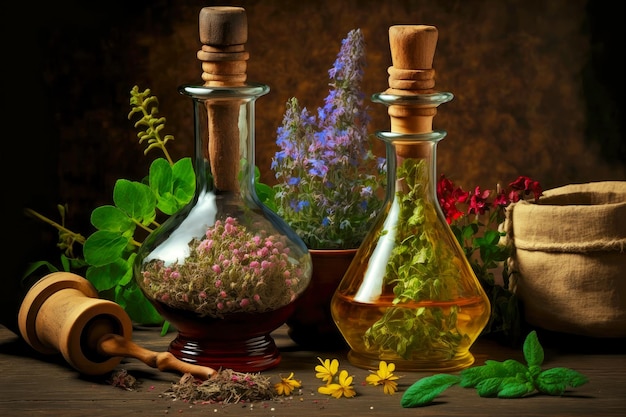 Óleos essenciais engarrafados com aromas de ervas e florais