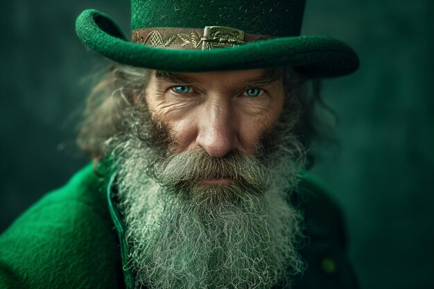 Leprechaun con barba y bigote con traje verde y sombrero Día de San Patricio