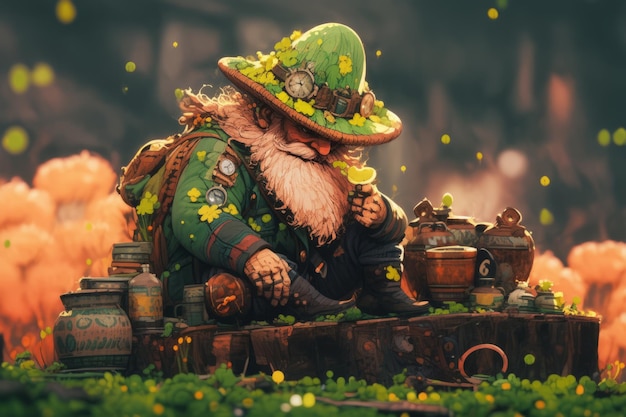 Leprechaun caprichoso con una barba de jengibre salvaje en estilo anime IA generativa