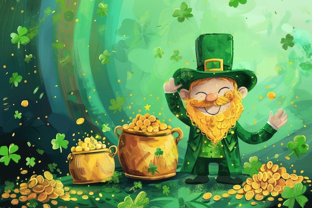 Leprechaun com moedas de ouro e pote de ouro Ilustração do Dia de São Patrício