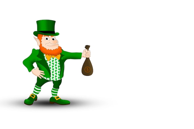 Leprechaun del día de StPatrick en un traje verde con una bolsa de dinero en un fondo blanco