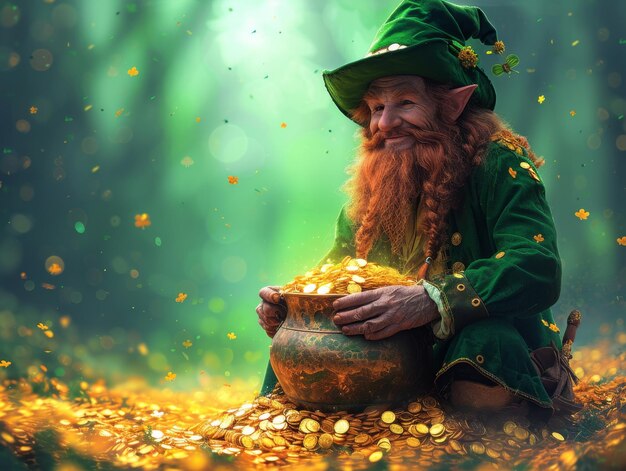 Foto leprechaun encantado guardando seu pote de ouro tema do dia de são patrício com espaço de cópia