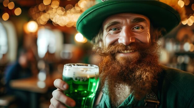 Foto un leprechaun con un gran sombrero verde bebe cerveza verde y sonríe mientras mira a la cámara
