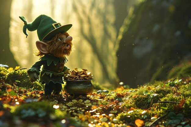 Leprechaun in einem Wald mit einem großen Topf voller Goldmünzen