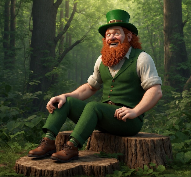 Leprechaun sentado em um tronco na floresta