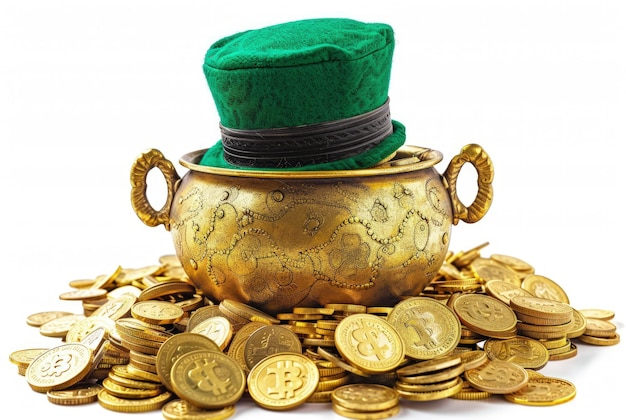 Leprechaun-Topf mit Goldmünzen und Leprechaum-Hut, isoliert auf weißem Hintergrund Patricks Day-Design