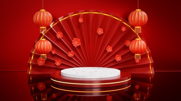 Leque dobrável chinês vermelho aberto, lanterna, cerejeira em flor e palco redondo para exposição de produtos decorado