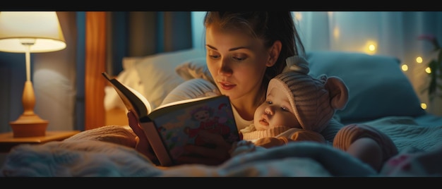 Foto ler um conto de fadas para sua linda filha na cama antes de dormir jovem mãe linda lendo histórias de um livro em casa à noite de perto