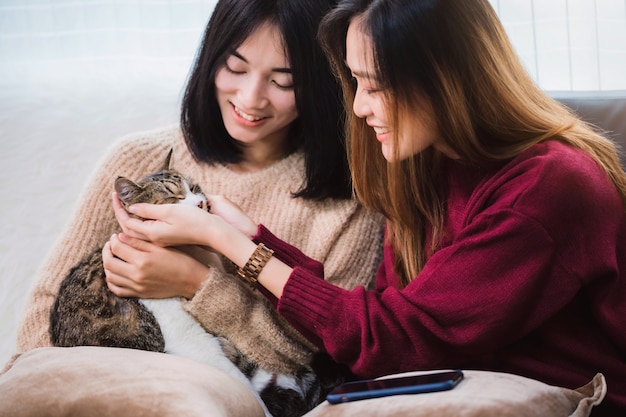 Lesbenpaarliebhaber der jungen schönen asiatischen Frauen, die niedliches Katzenhaustier im Wohnzimmer zu Hause mit lächelndem Gesicht spielen. Konzept der LGBT-Sexualität mit glücklichem Lebensstil zusammen.