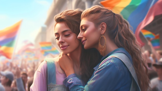 Foto lesbianas celebrando el orgullo mostrando amor y afecto con la bandera del arco iris