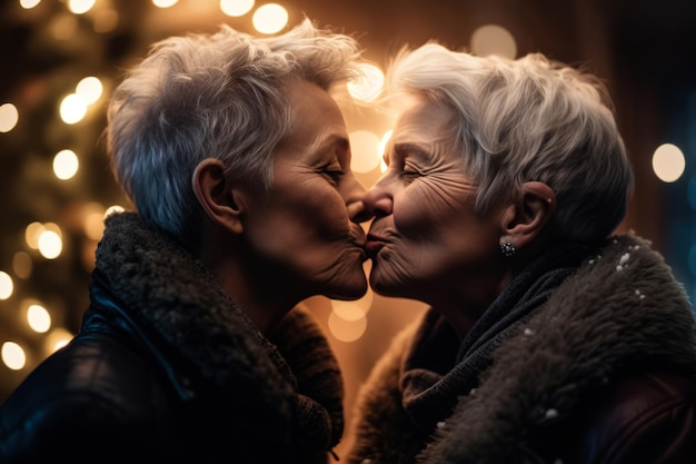 Foto lesbianas maduras mujeres mayores besándose en año nuevo feliz año nuevo navidad y concepto lgbt creado con ai