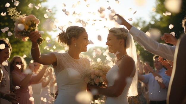 Lesbianas con vestidos de ceremonia de boda arrojaron sus ramos de flores sobre sus hombros a sus invitados en la fiesta Auténtica relación LGBTQ