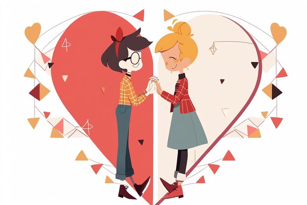 Lesbisches Anime-Paar im Inneren abstrakte Herz-Illustration Valentinstag romantischer Hintergrund
