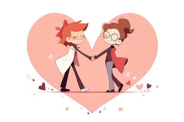 Lesbisches Anime-Paar im Inneren abstrakte Herz-Illustration Valentinstag romantischer Hintergrund