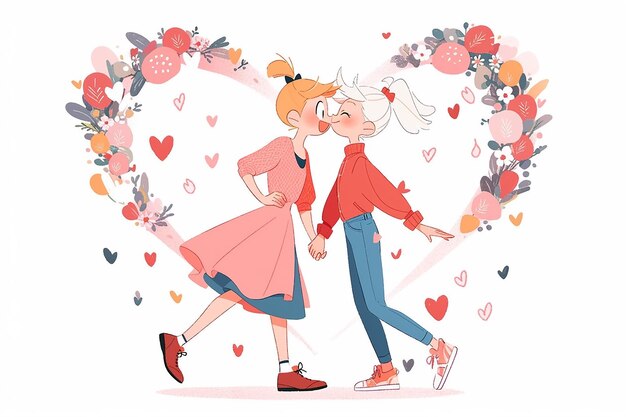 Lesbisches Anime-Paar im Inneren Blumenherz-Illustration Valentinstag romantischer Hintergrund