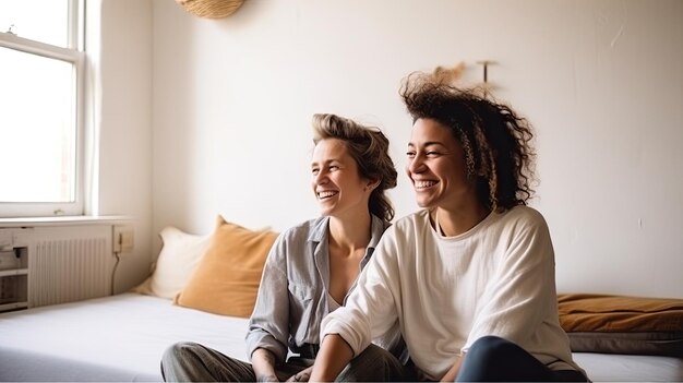 Lesbisches Paar, vielfältig und glücklich, sitzt auf einer Couch und lächelt einander herzlich an