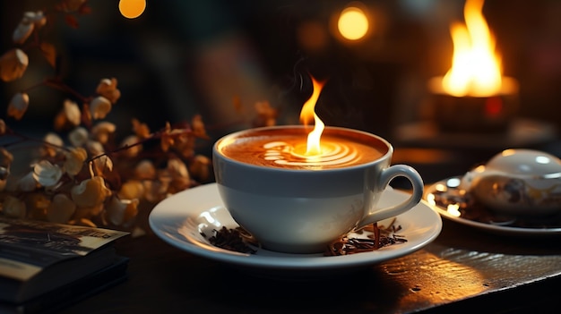 Lesebuch auf dem Tisch mit Kaffeetasse im Hintergrund drinnen