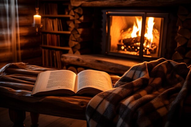 Leseecke im Chalet. Offenes Buch auf einer Holzbank am Kamin