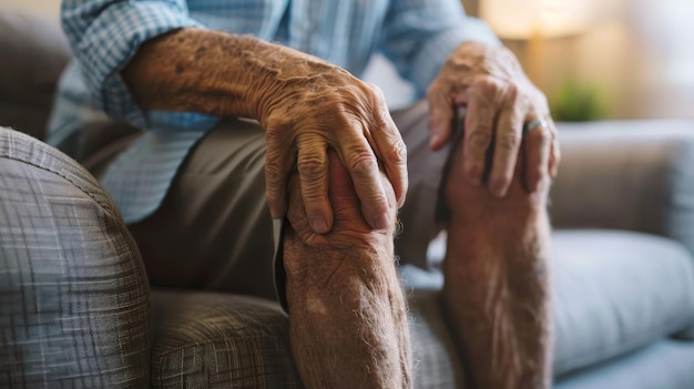 Lesión o dolor de rodilla de un anciano en el sofá