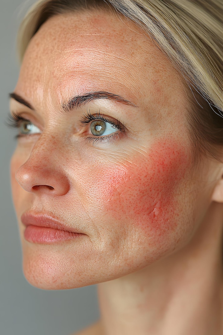 Foto lesões de lúpus nas bochechas com manchas vermelhas inflamadas com textura clara da pele e iluminação natural