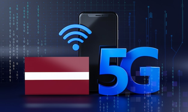 Letonia lista para el concepto de conexión 5G. Fondo de tecnología de teléfono inteligente de renderizado 3D