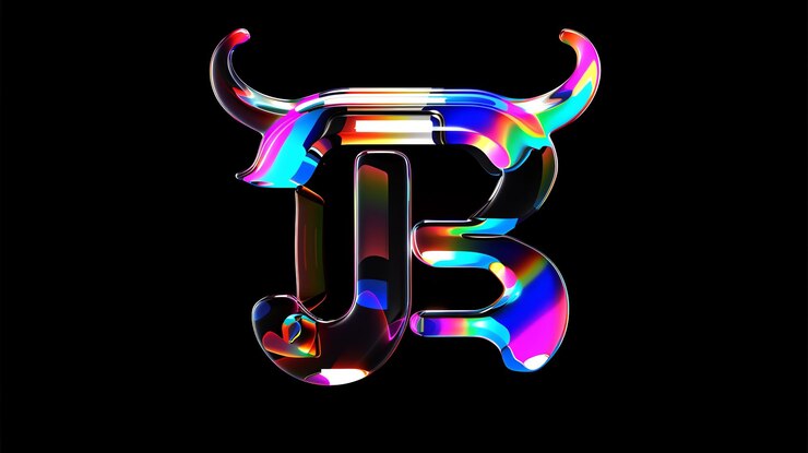 Foto una letra 3d iridescente colorida b con cuernos en un fondo negro