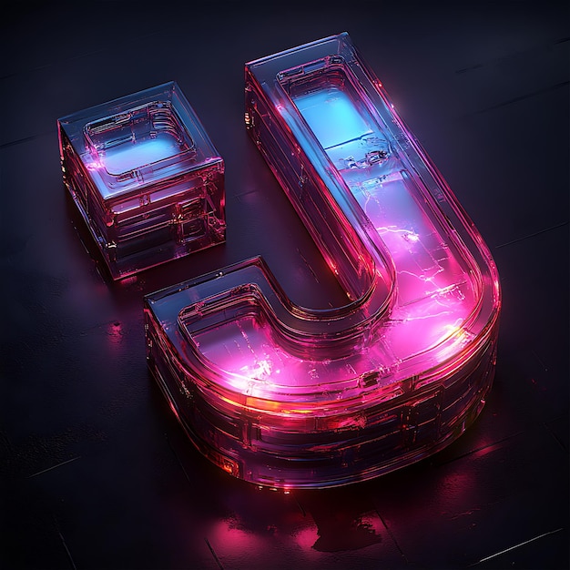 Letra 3D J con un ángulo isométrico azul eléctrico y colores de gradiente rosa neón con un