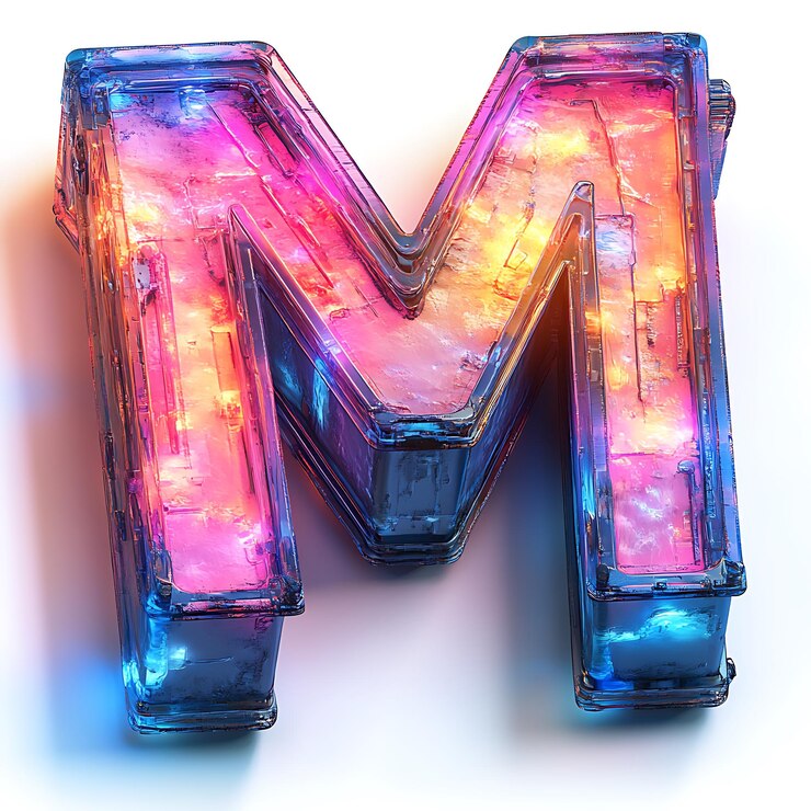 Foto letra 3d m con un ángulo isométrico azul eléctrico y colores de gradiente rosa neón con un
