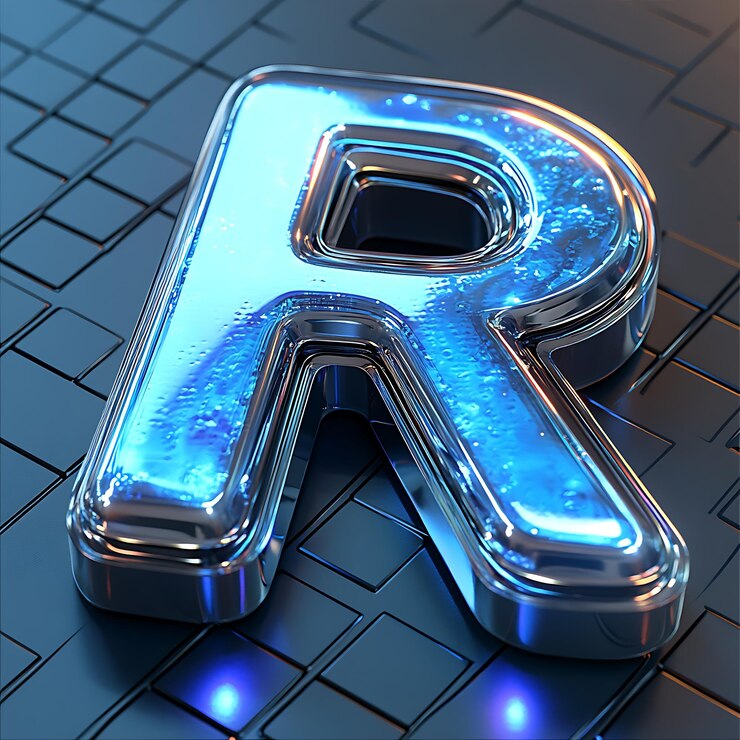 Foto letra 3d r con un ángulo isométrico cromo plata y azul eléctrico gradiente colores oscuros