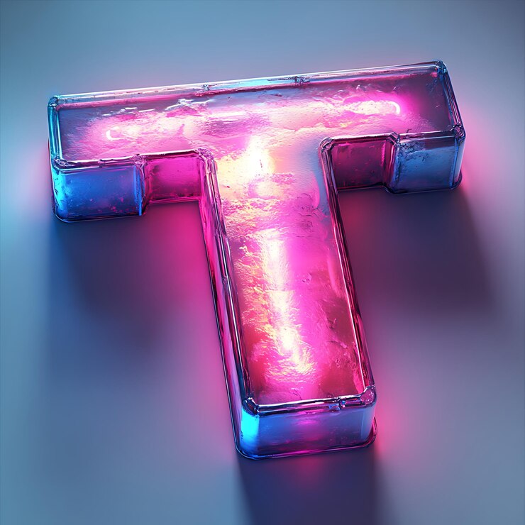 Foto letra 3d t con un ángulo isométrico azul eléctrico y colores de gradiente rosa neón con un