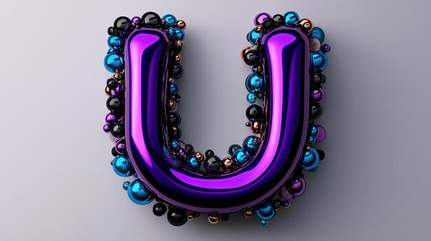Una letra 3D U con un color gradiente azul profundo y púrpura establecido contra un fondo blanco diseño simple sombras negras estilo Unreal Engine estilo Octane Render estilo