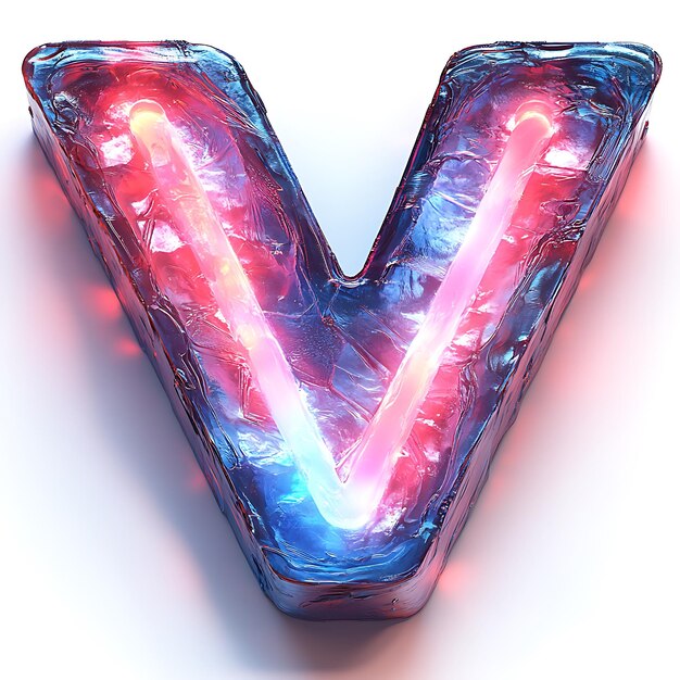 Letra 3D V con un ángulo isométrico azul eléctrico y colores de gradiente rosa neón con un